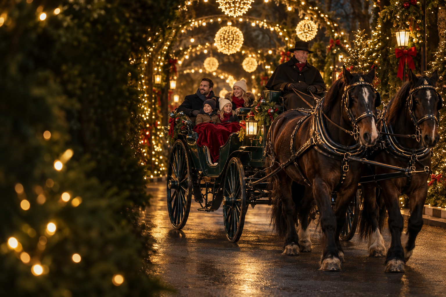 Concept illustration of a horse-drawn carriage beneath Christmas lights